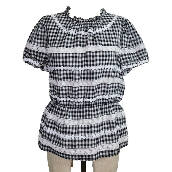 J. Crew Top M Black White Gingham Lace Trim Puff Sleeve Peplum Pullover blouse - Picture 1 of 10